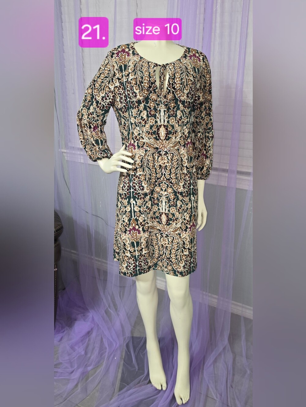 Tommy Hilfiger Green Floral-Print Long-Sleeve Mini Dress